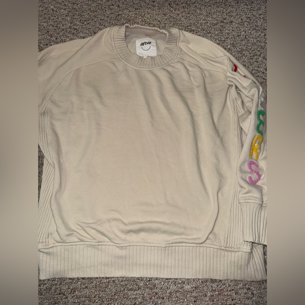 Aerie women’s Cream Crewneck Sweater with Colorful Sleeve cheers